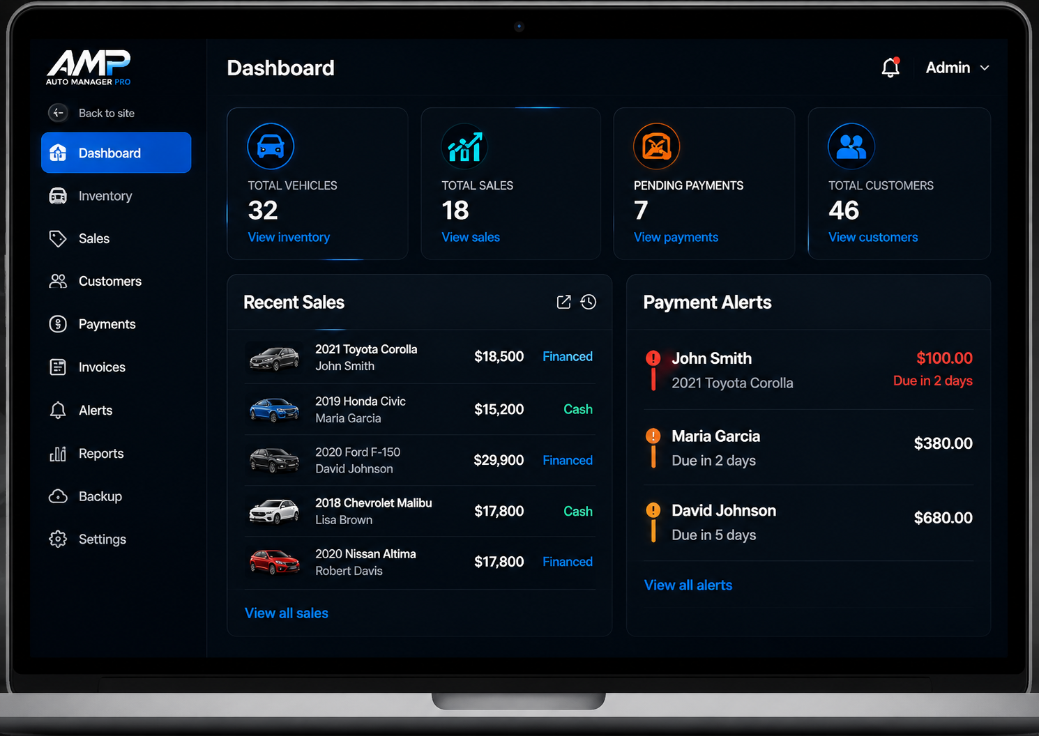 Auto Manager Pro dashboard on laptop