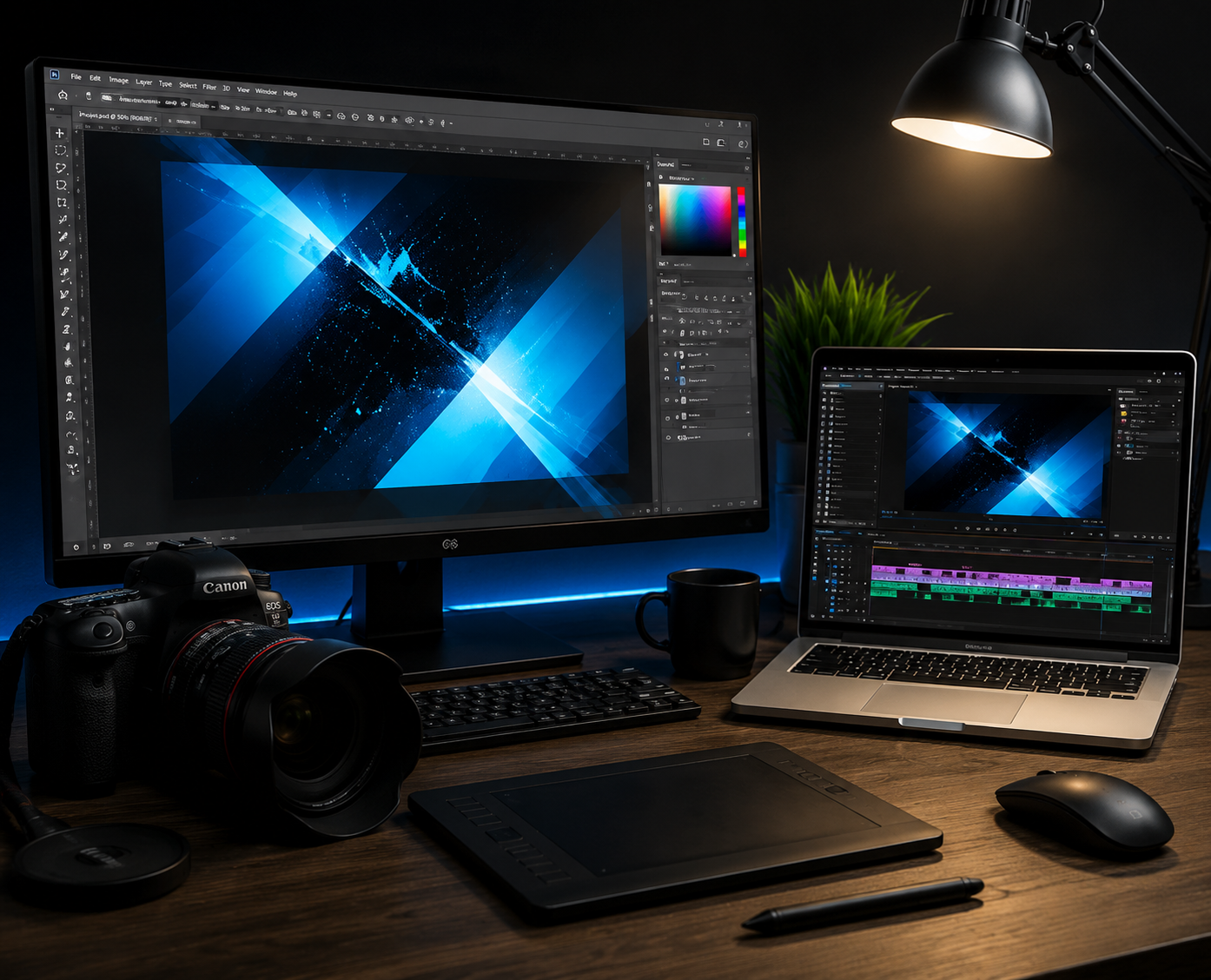Graphic design workstation with camera, monitor and laptop
