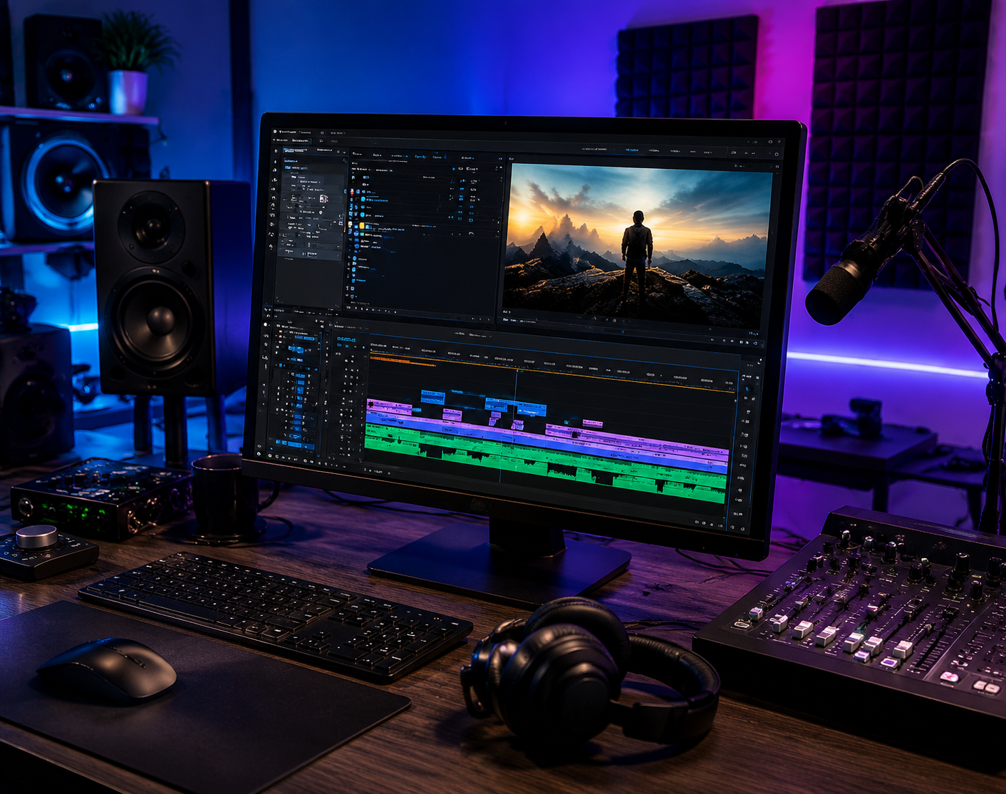 Professional video editing and audio mixing workspace