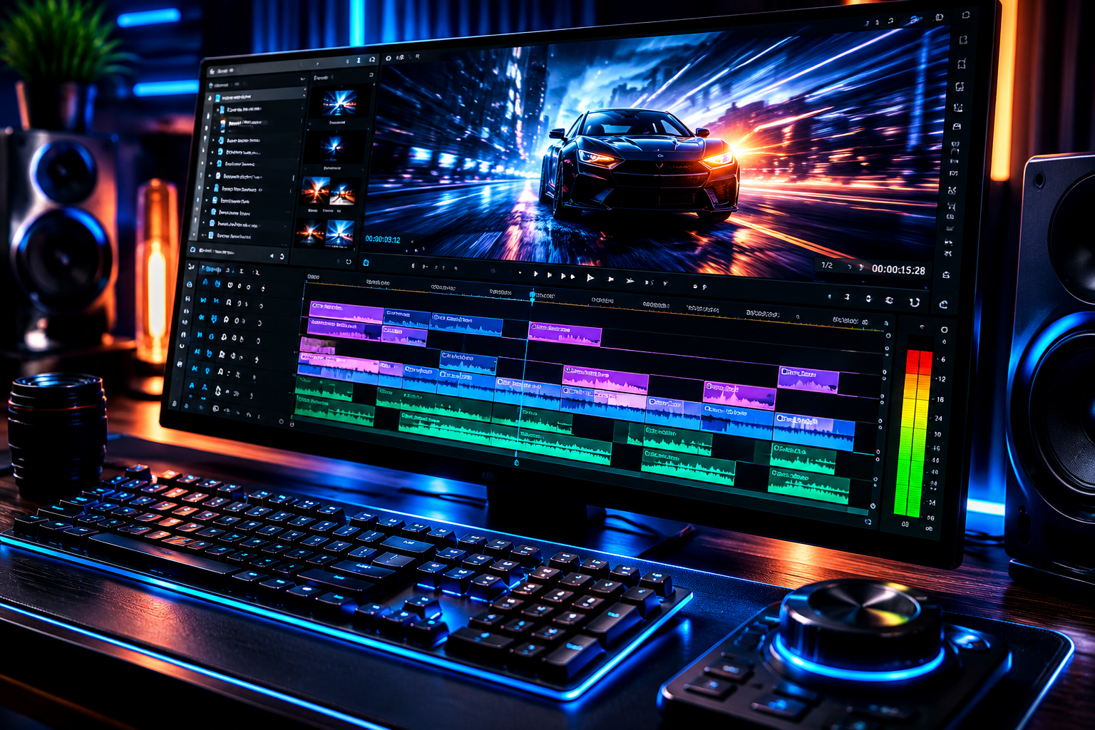Video editing timeline with motion and audio tracks