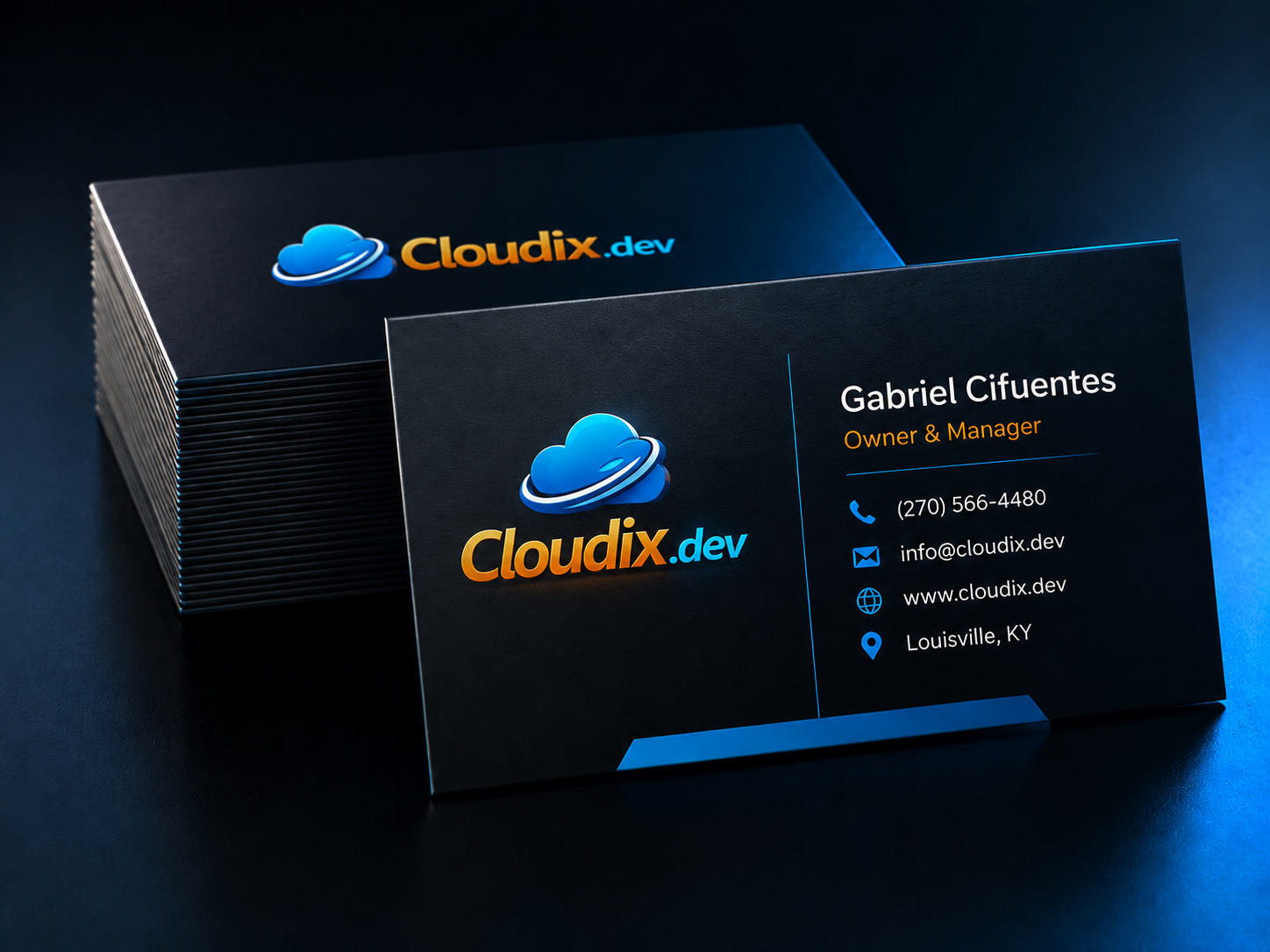 Cloudix black business cards with contact information