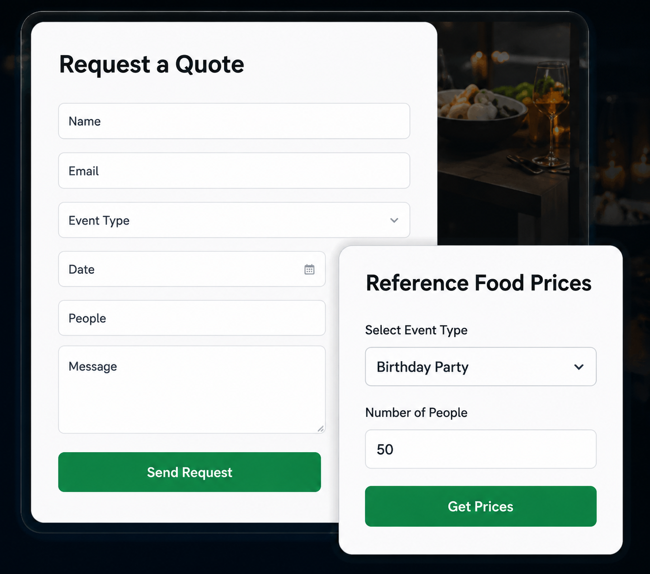 Smart Menu quoting and reference food prices screens