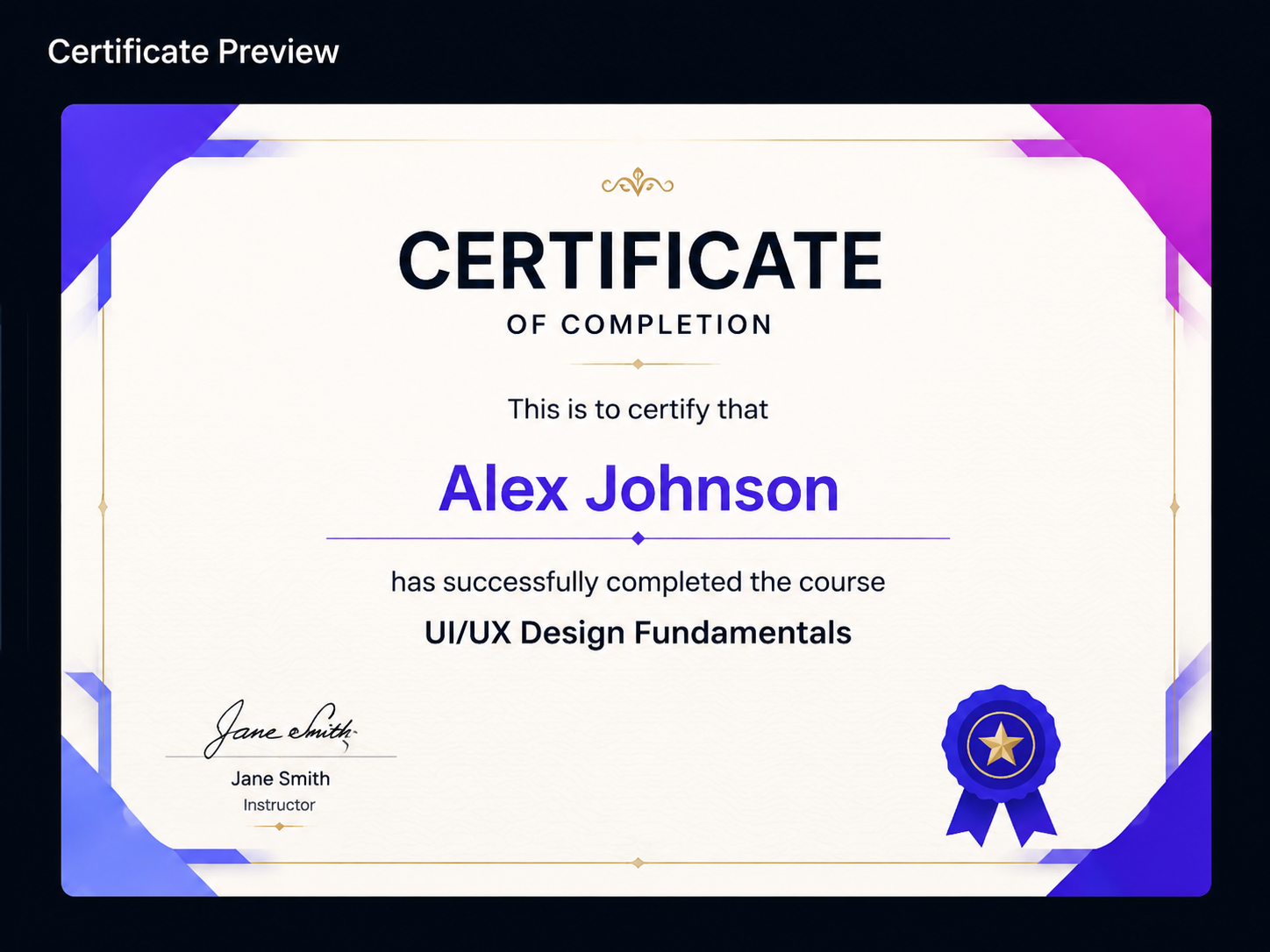 Learn Studio certificate preview for course completion