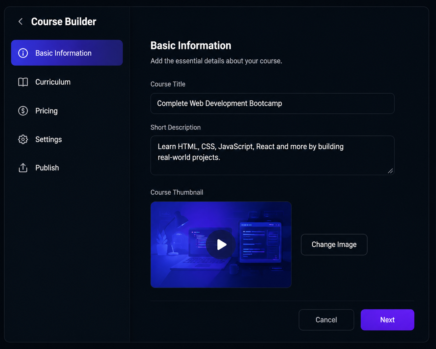 Learn Studio course builder form with curriculum pricing settings and publish