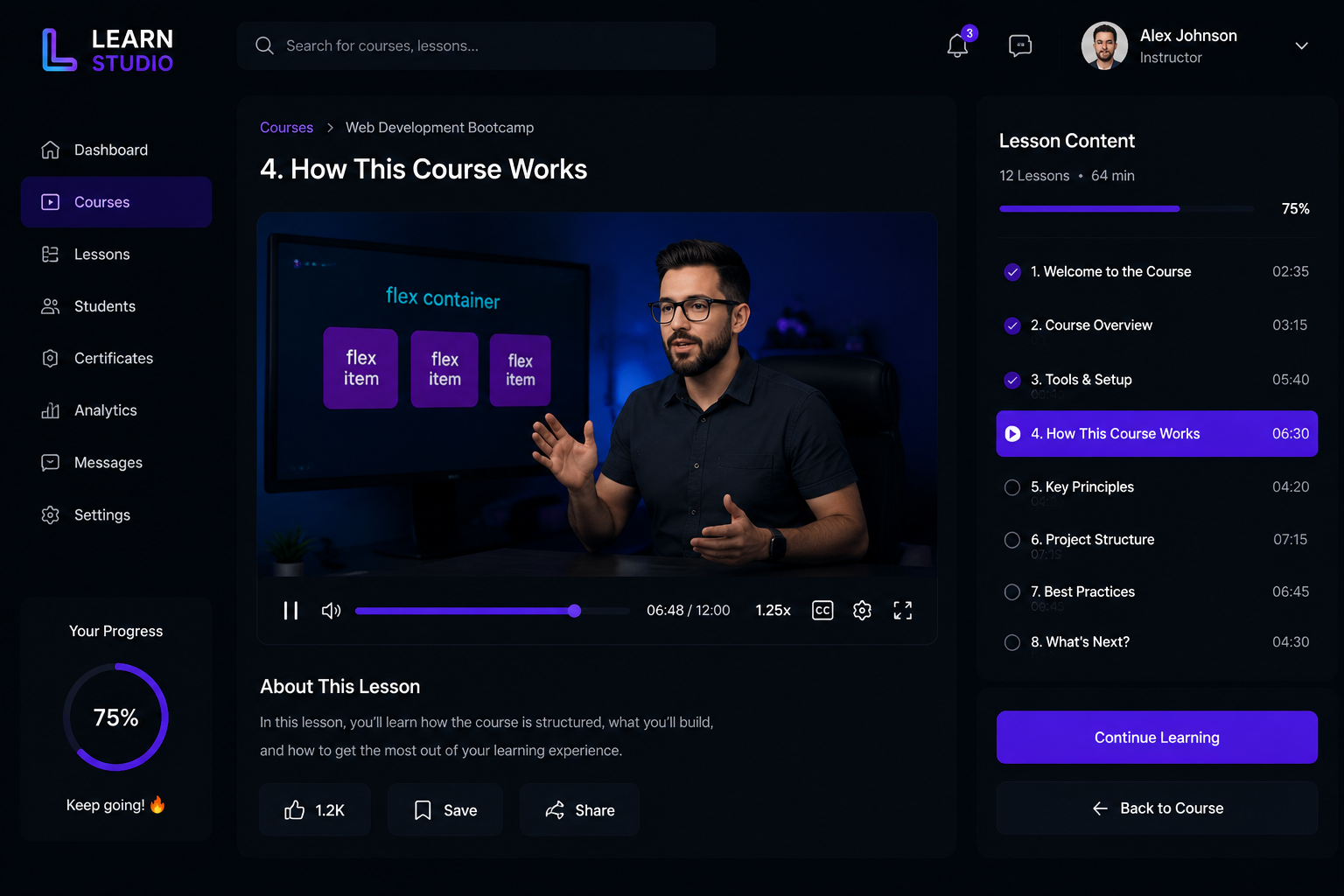 Learn Studio lesson screen with video and lesson content list