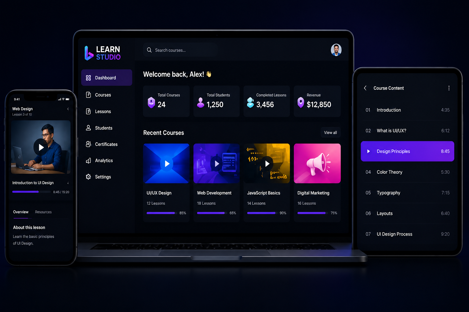 Learn Studio platform on laptop phone and tablet