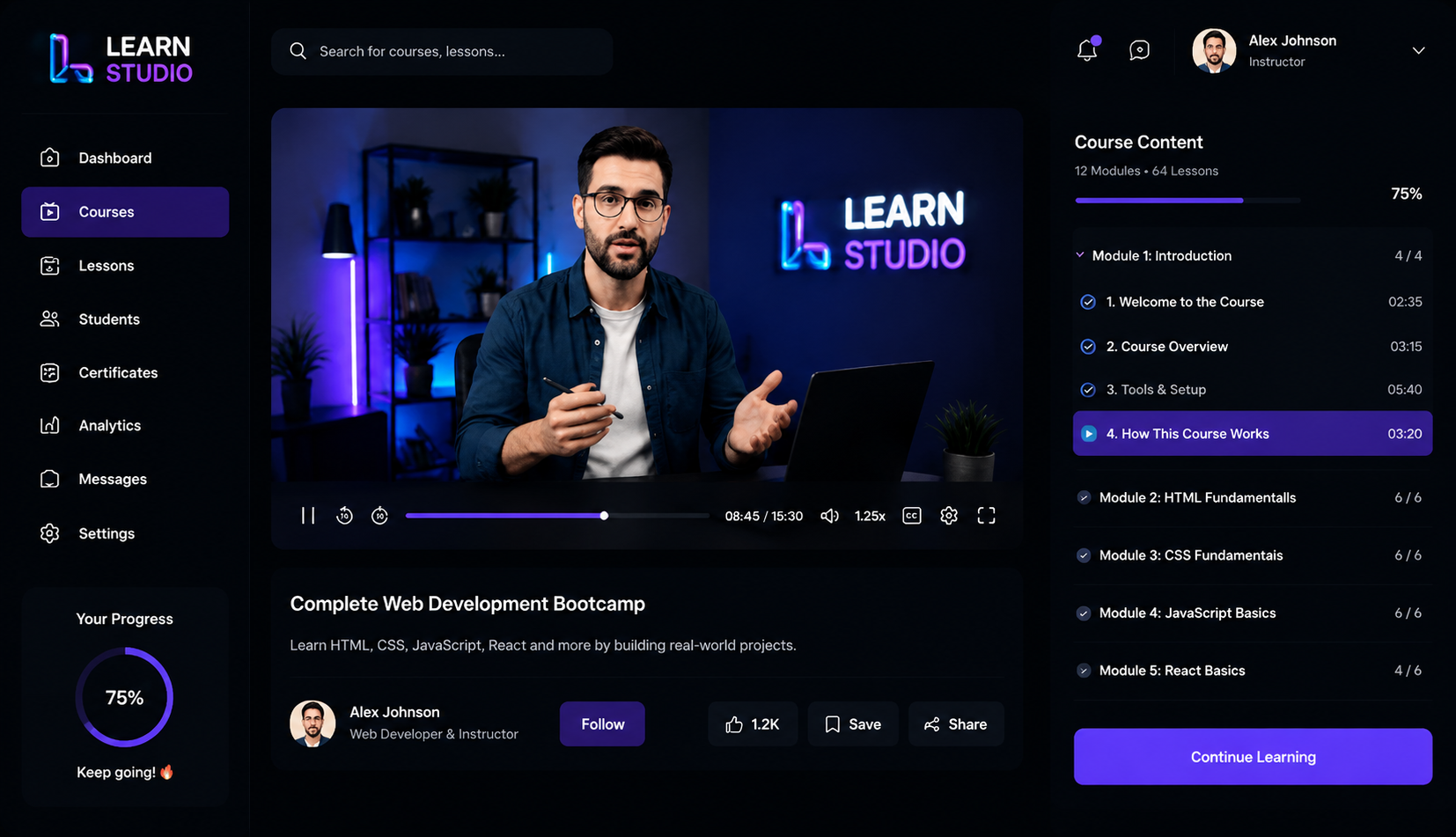 Learn Studio video class player with course content