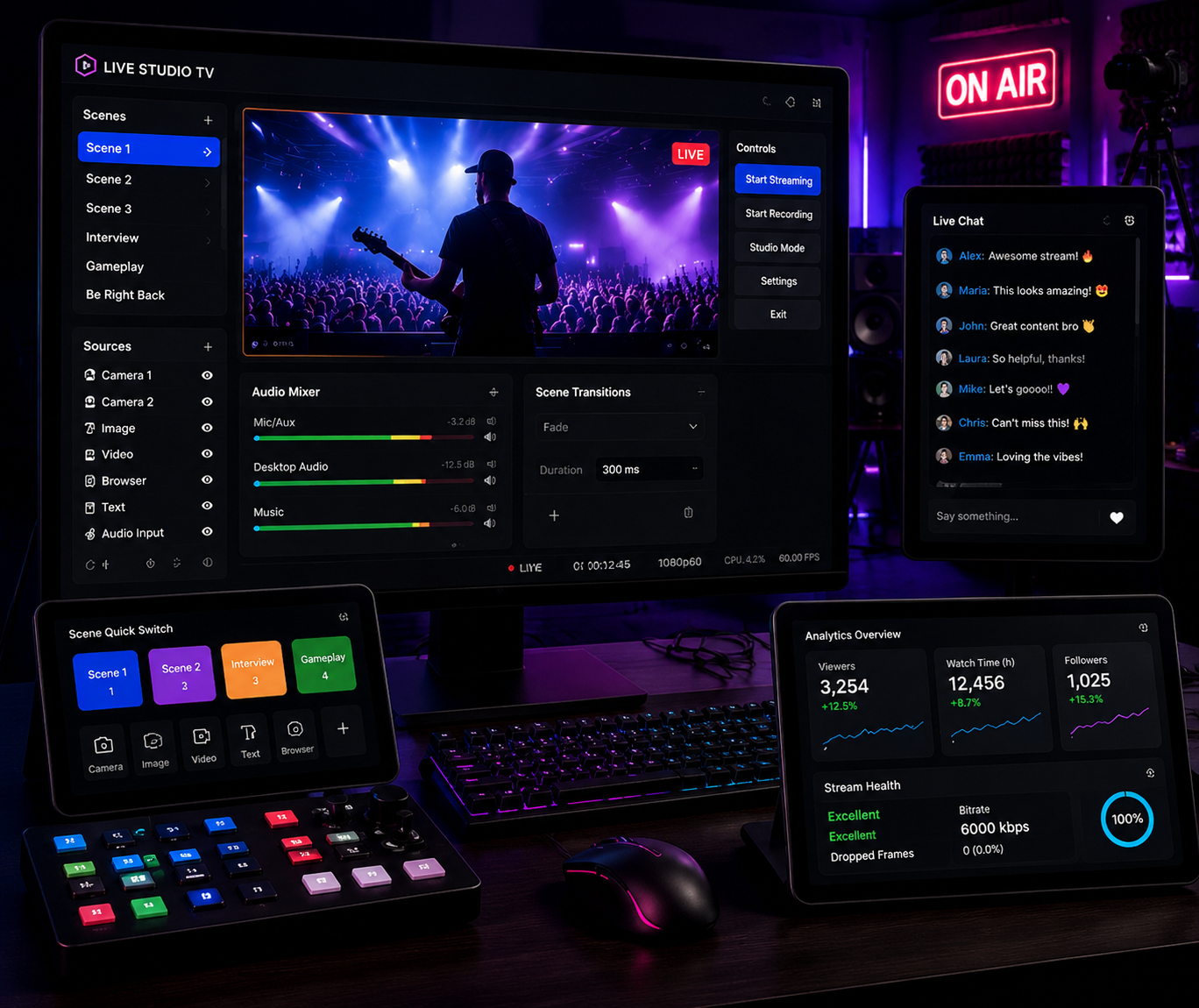 Live Studio TV dashboard with scenes sources chat and analytics