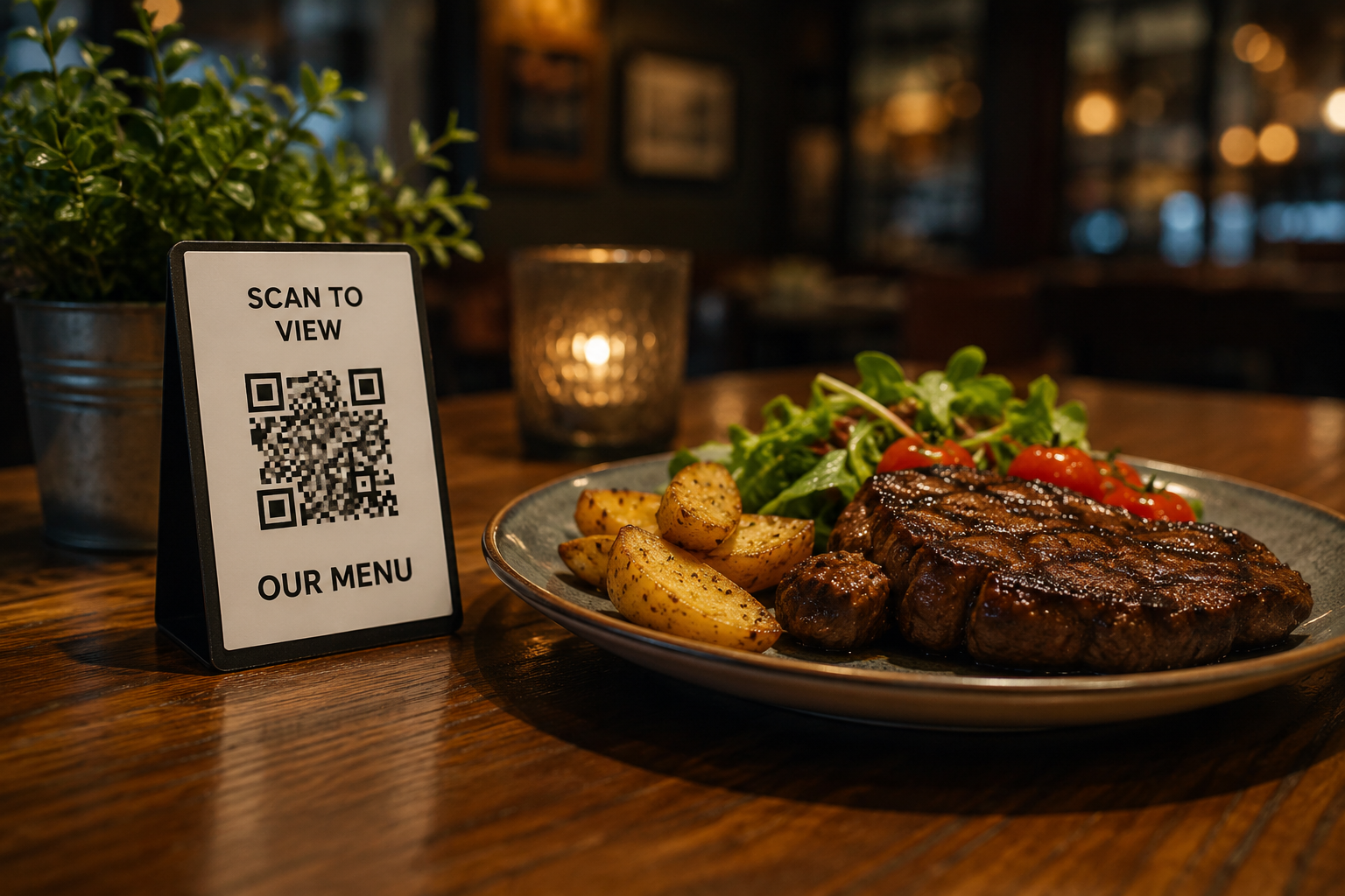 QR menu display with a restaurant dish