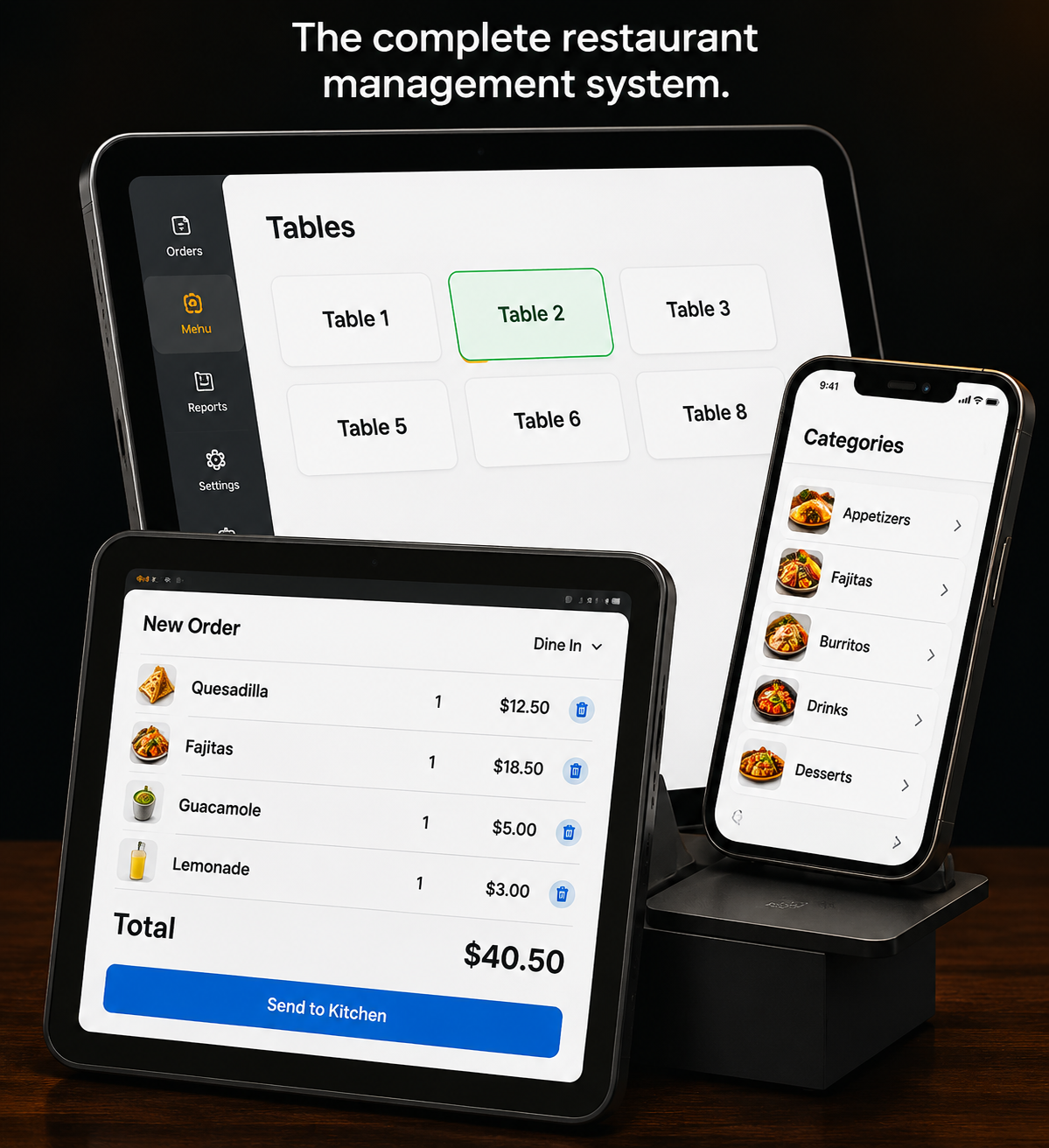 Smart Menu tables, orders and menu category screens