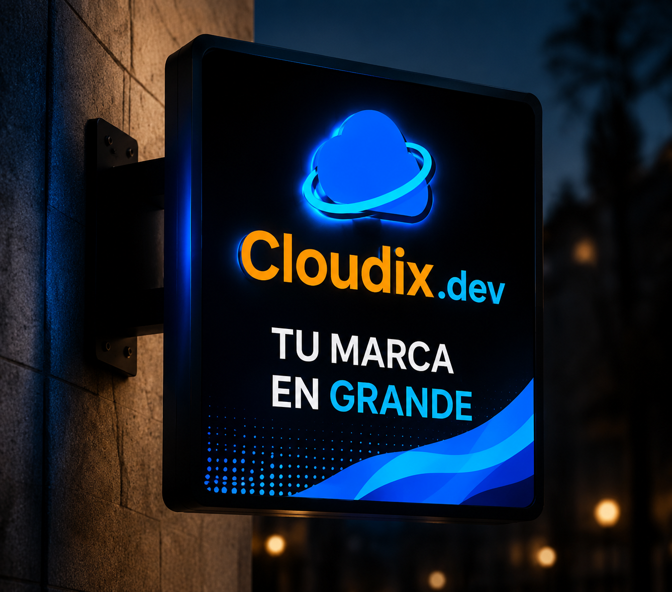 Hanging exterior sign with Cloudix branding