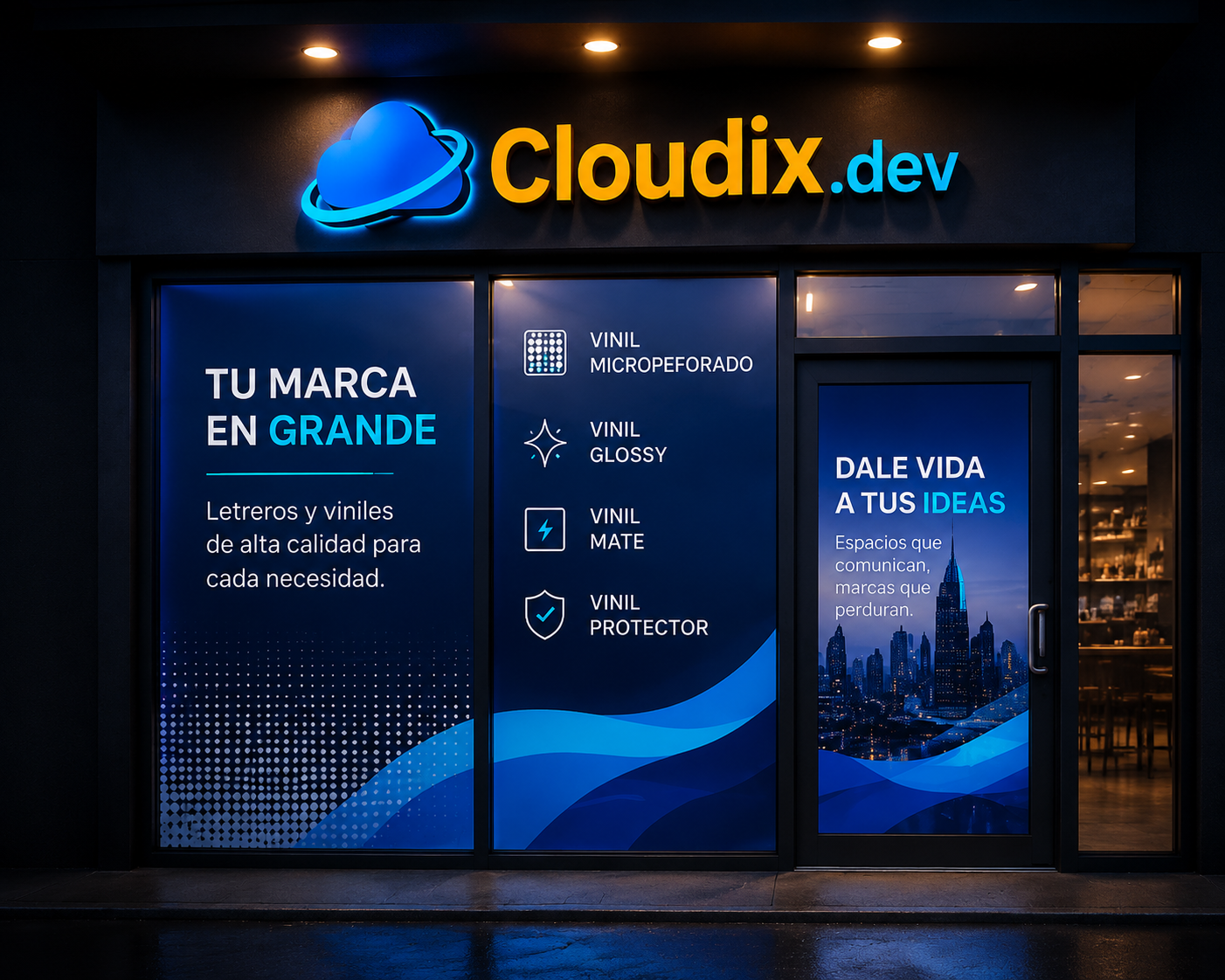 Cloudix storefront with signs and vinyl window graphics