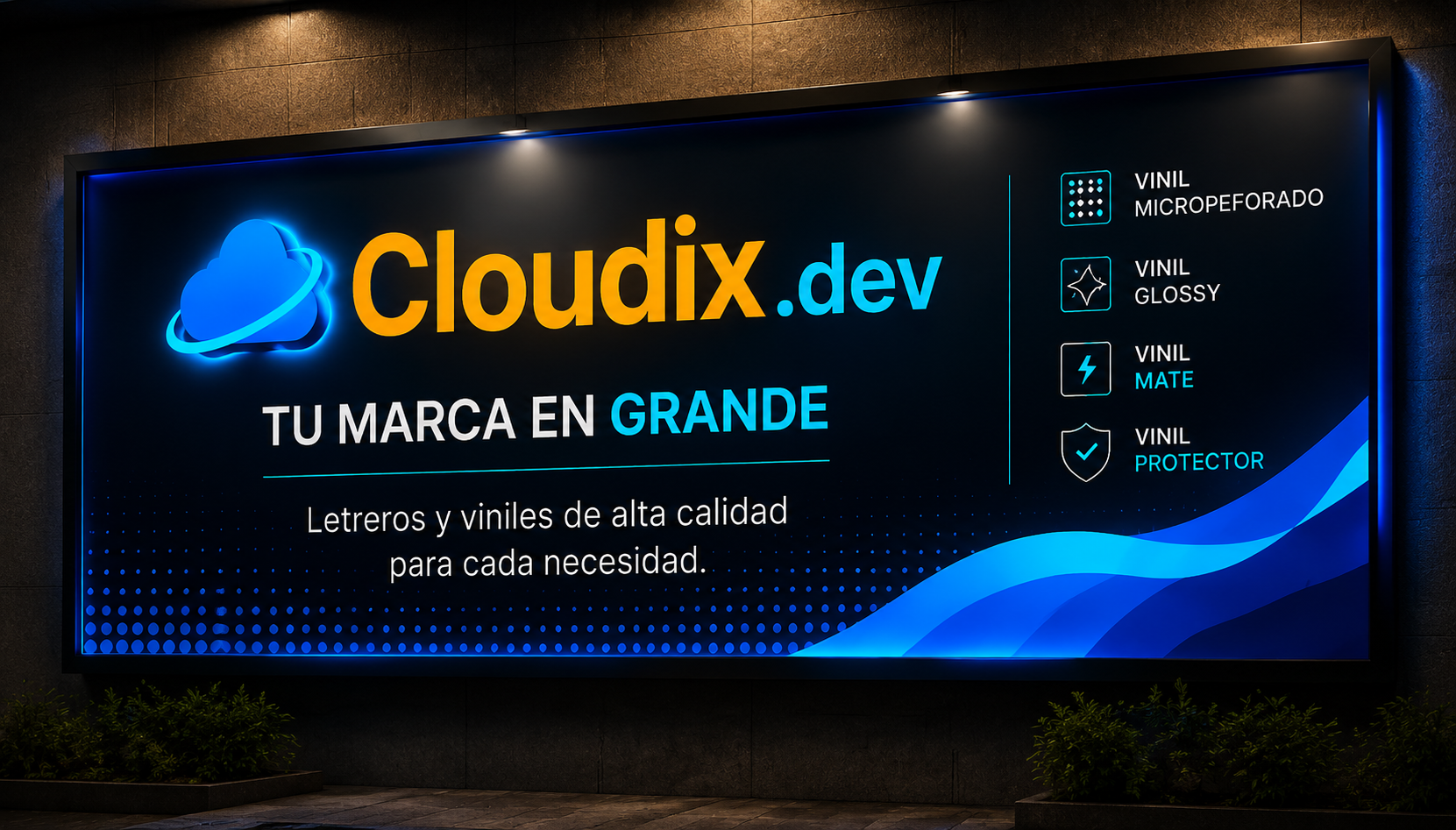 Large illuminated wall sign with Cloudix branding