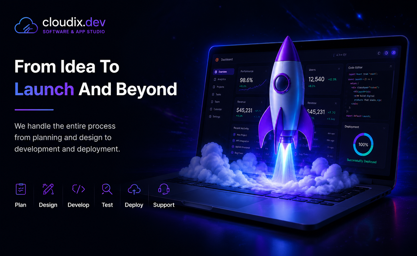 Cloudix launch process with rocket and dashboard
